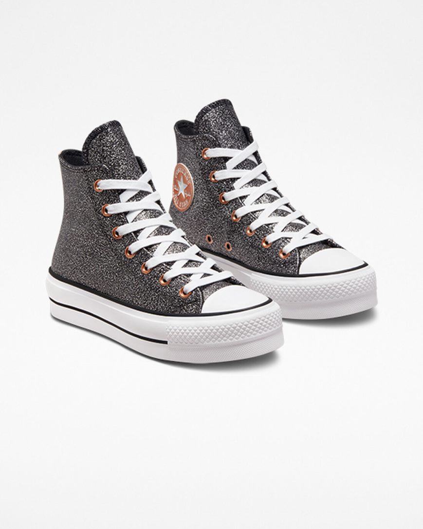 Topanky Na Platforme Converse Chuck Taylor All Star Lift Metallic Glitter Vysoke Damske Čierne Meď Biele | SK AYQZI0